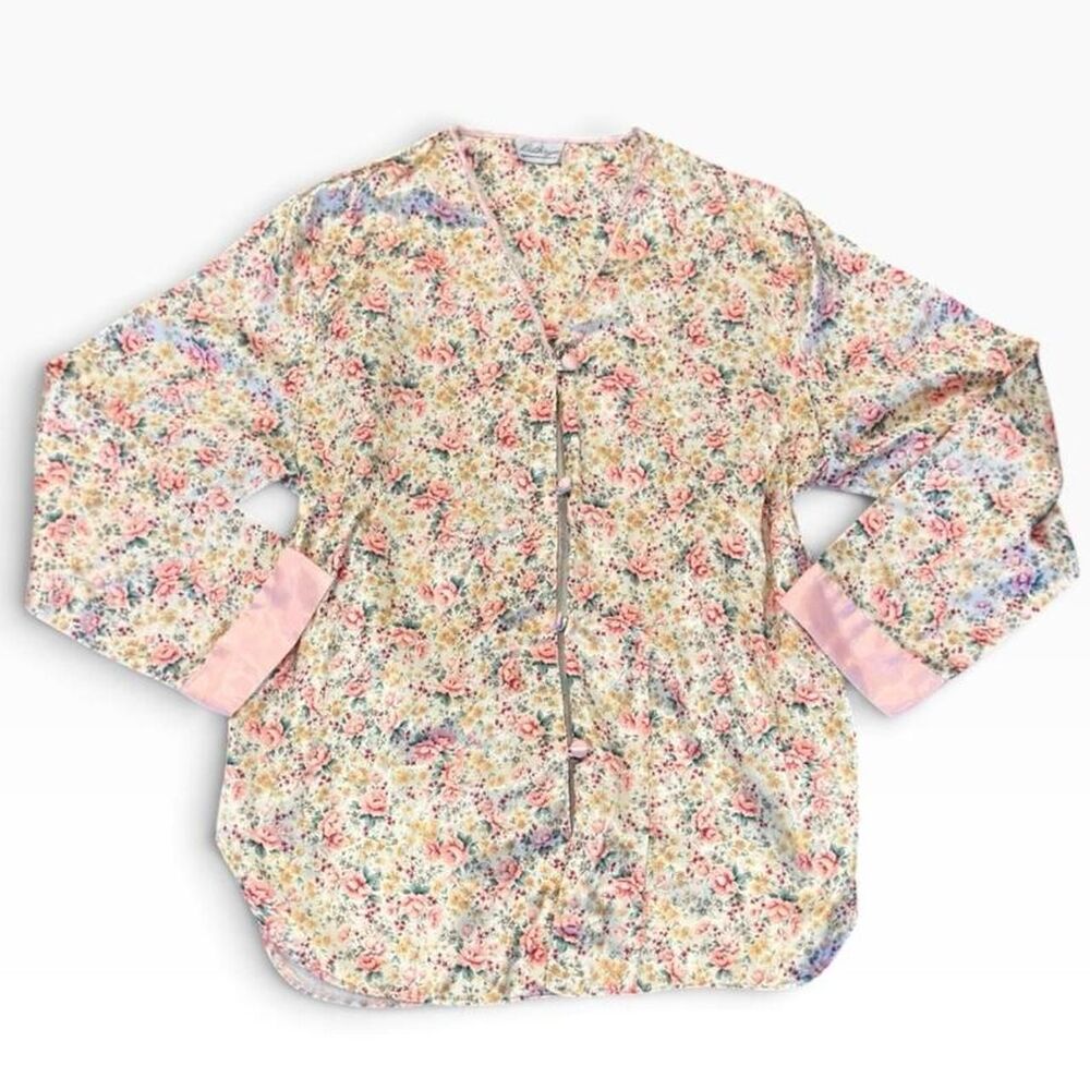 Vintage Kathryn floral blouse with pink cuffs and button front